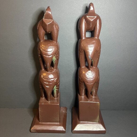 Vintage Set of 2 Hand Carved & Hand Painted Brown Wooden Elephant Totem Towers - Picture 1 of 12